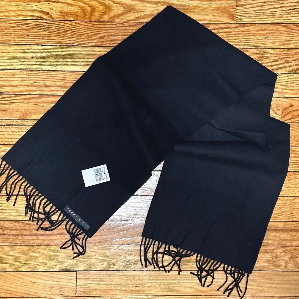 Perry Ellis VTG Luxury Black Wool Scarf Made in Germany Fringe Classic Minimal